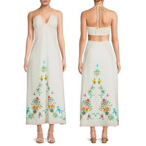 Sancia Flora Silas Halter Dress A-Line Linen Floral Maxi White Size XS